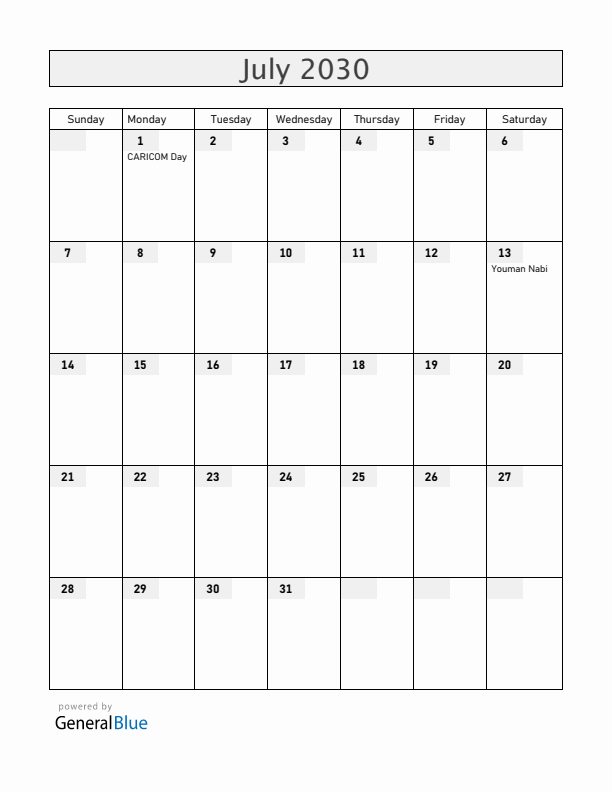 Guyana July 2030 Calendar with Holidays