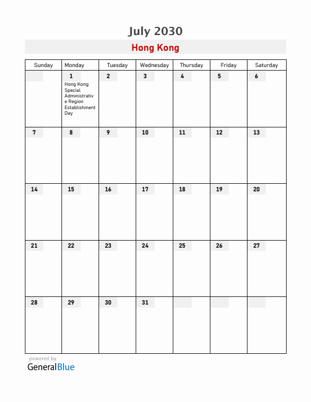 Hong Kong July 2030 Calendar with Holidays