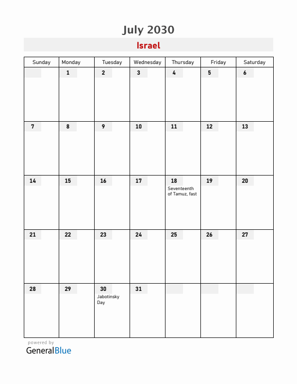 Israel July 2030 Calendar with Holidays