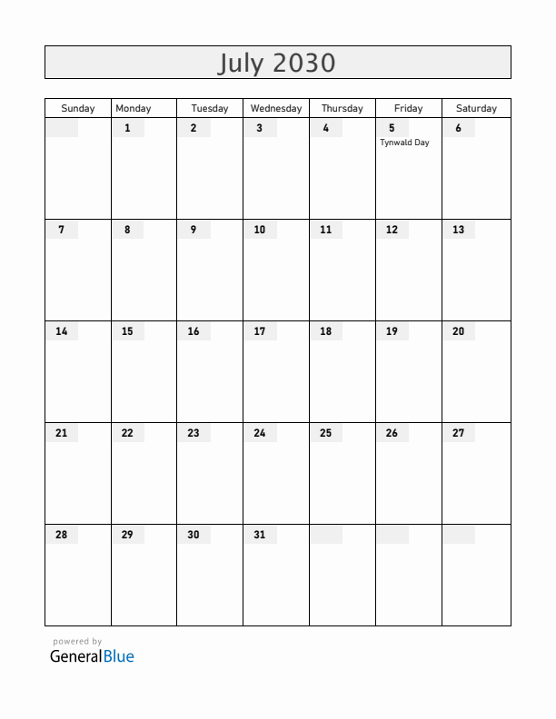 Isle of Man July 2030 Calendar with Holidays
