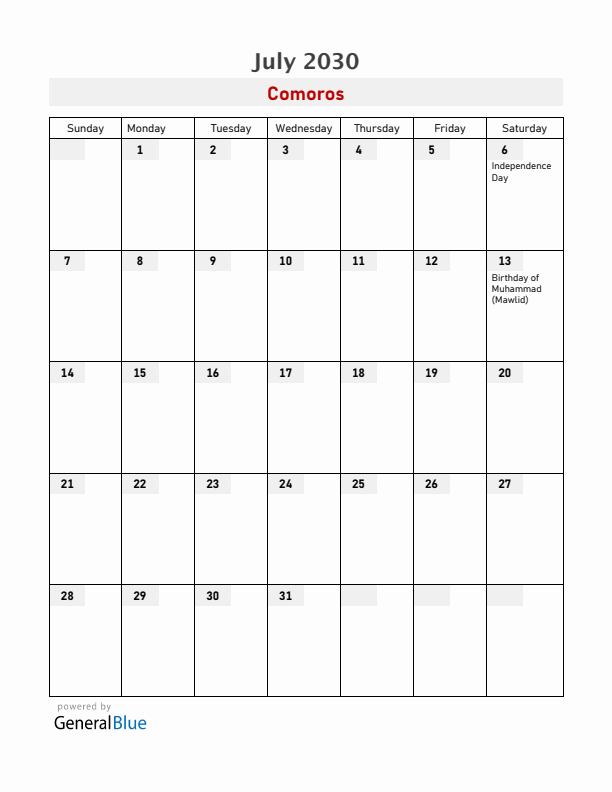 Comoros July 2030 Calendar with Holidays