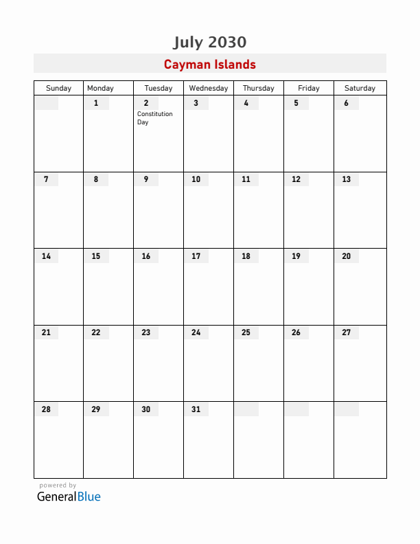 Cayman Islands July 2030 Calendar with Holidays