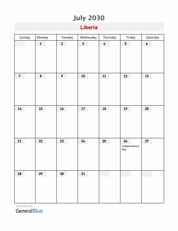 Liberia July 2030 Calendar with Holidays