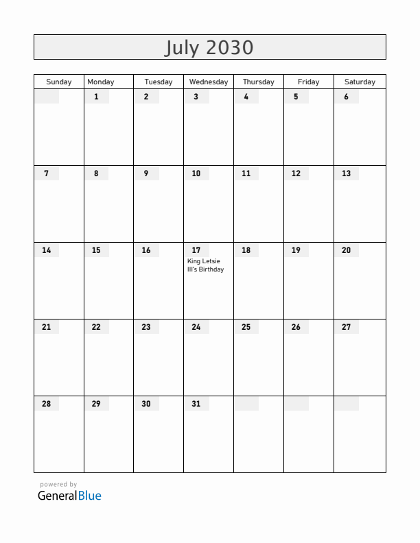 Lesotho July 2030 Calendar with Holidays