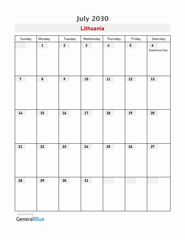 Lithuania July 2030 Calendar with Holidays