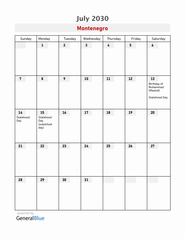 Montenegro July 2030 Calendar with Holidays