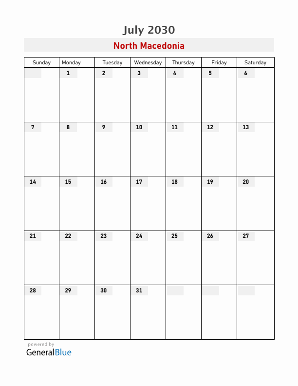 North Macedonia July 2030 Calendar with Holidays