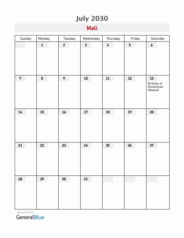 Mali July 2030 Calendar with Holidays