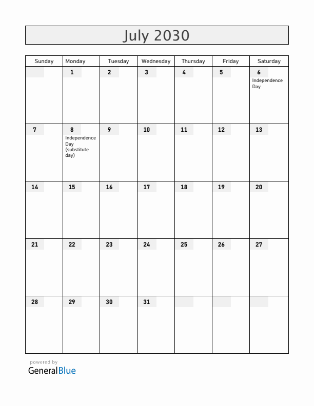 Malawi July 2030 Calendar with Holidays