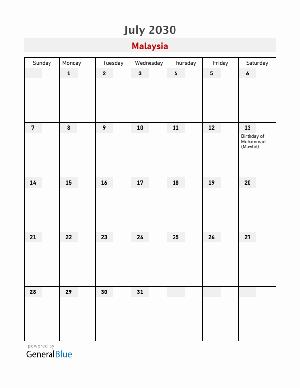 Malaysia July 2030 Calendar with Holidays