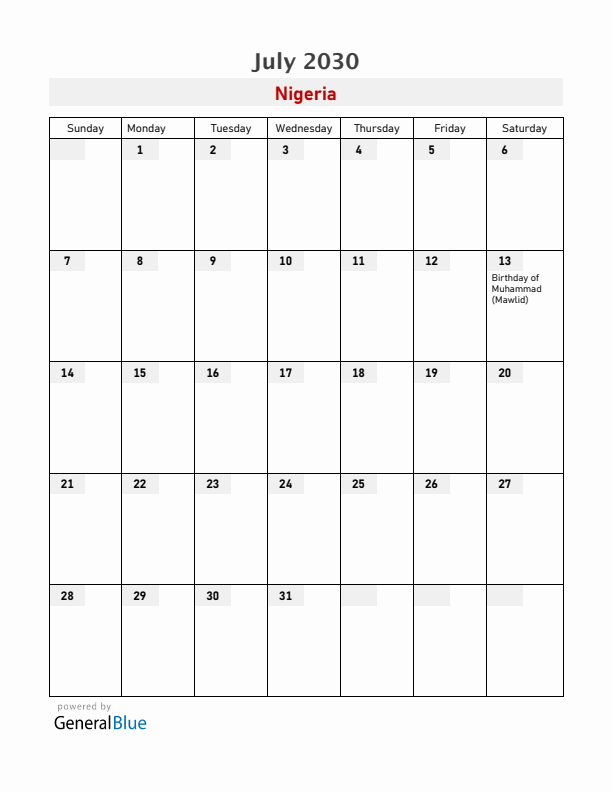 Nigeria July 2030 Calendar with Holidays