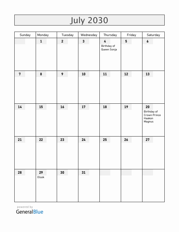 Norway July 2030 Calendar with Holidays