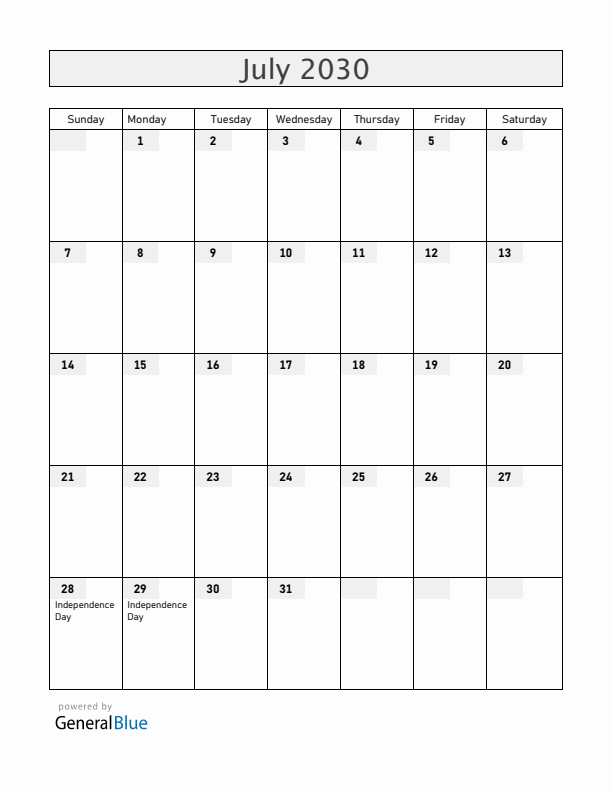 Peru July 2030 Calendar with Holidays