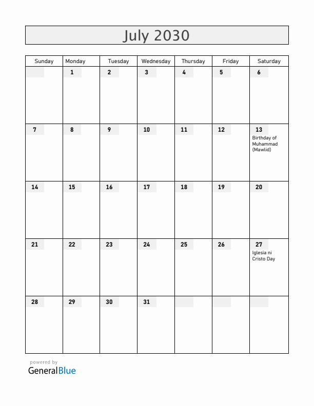 Philippines July 2030 Calendar with Holidays