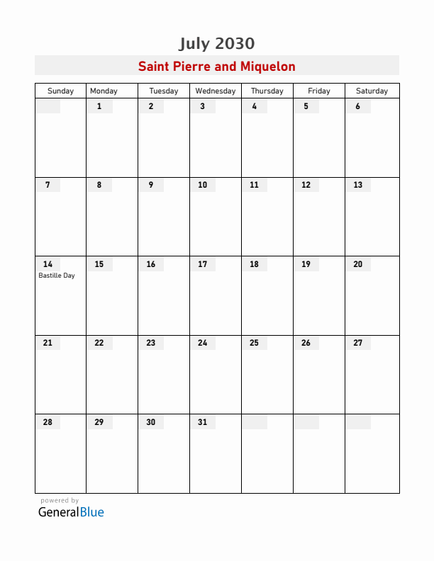 Saint Pierre and Miquelon July 2030 Calendar with Holidays
