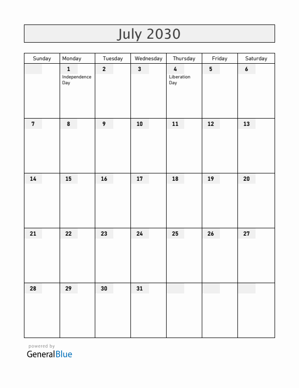 Rwanda July 2030 Calendar with Holidays