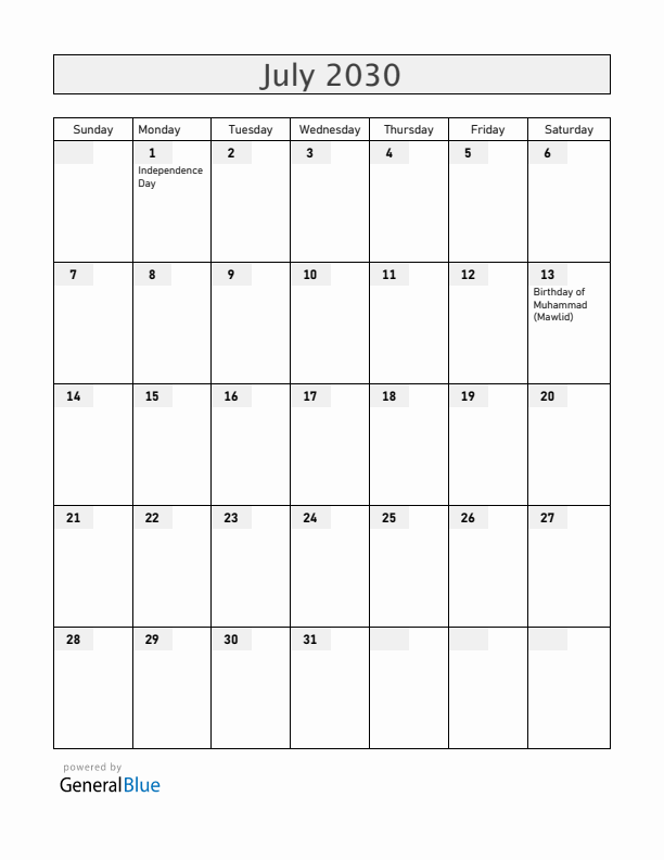 Somalia July 2030 Calendar with Holidays