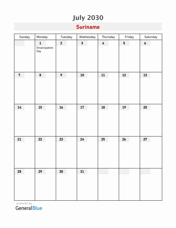 Suriname July 2030 Calendar with Holidays