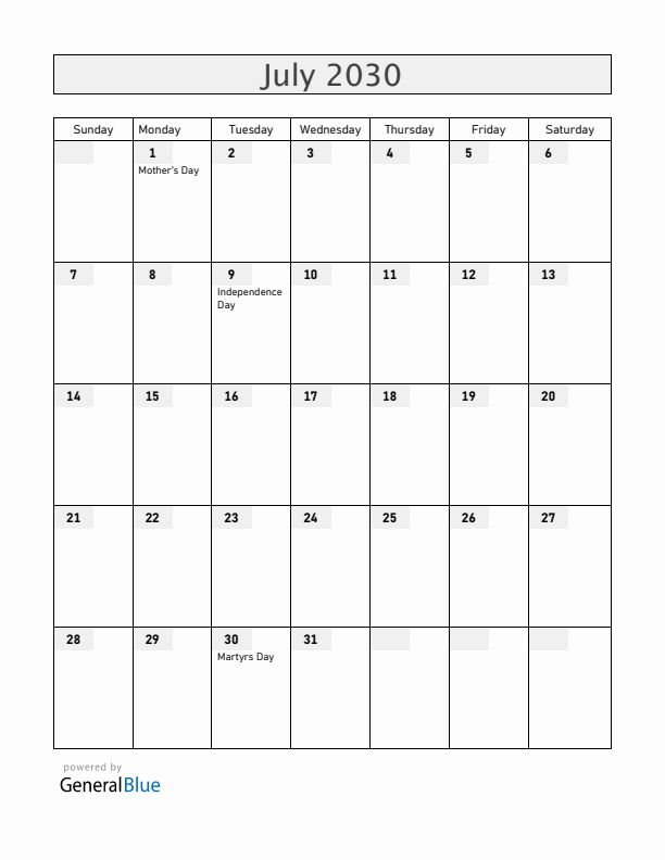 South Sudan July 2030 Calendar with Holidays