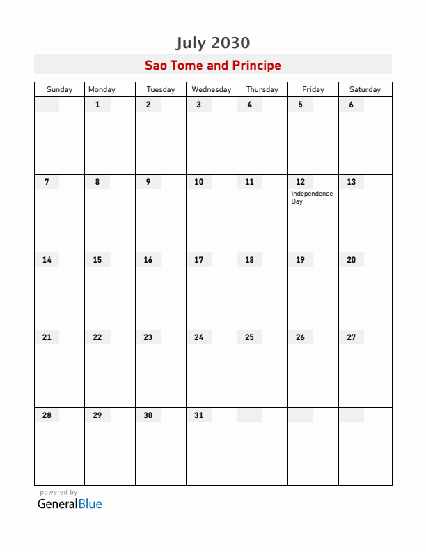 Sao Tome and Principe July 2030 Calendar with Holidays