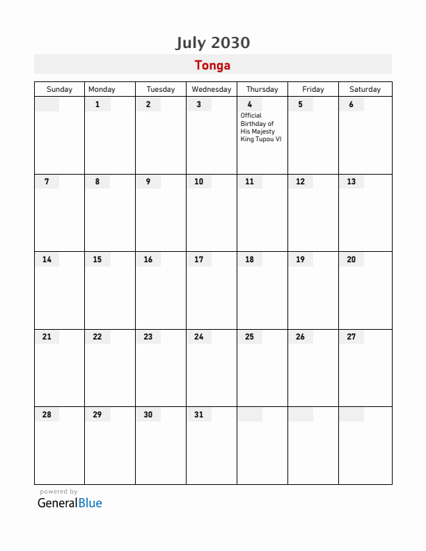 Tonga July 2030 Calendar with Holidays