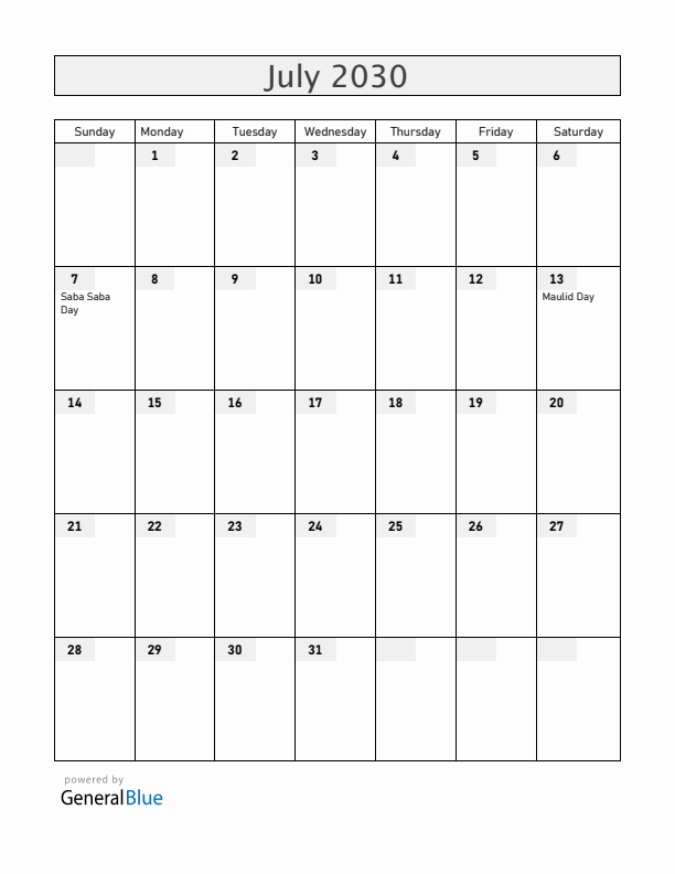 Tanzania July 2030 Calendar with Holidays