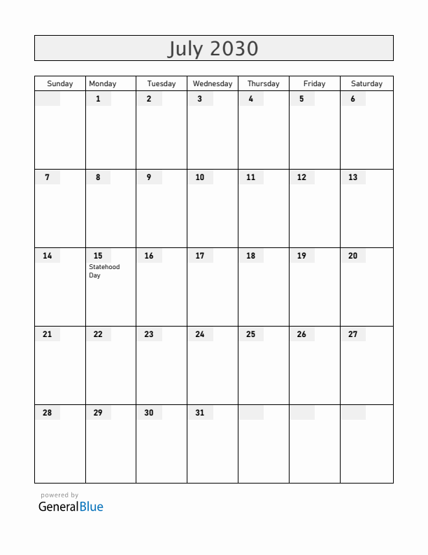 Ukraine July 2030 Calendar with Holidays