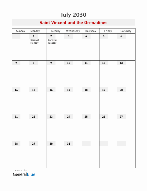 Saint Vincent and the Grenadines July 2030 Calendar with Holidays