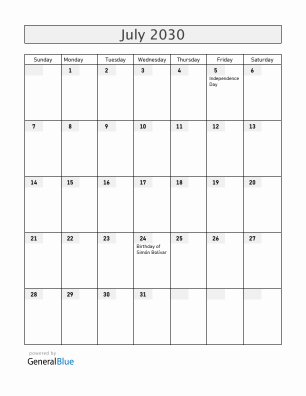 Venezuela July 2030 Calendar with Holidays