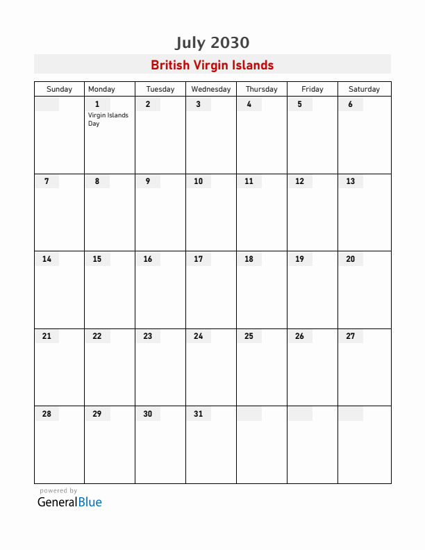 British Virgin Islands July 2030 Calendar with Holidays
