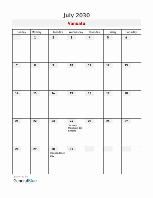 Vanuatu July 2030 Calendar with Holidays