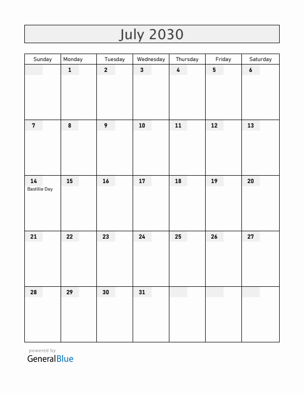 Mayotte July 2030 Calendar with Holidays