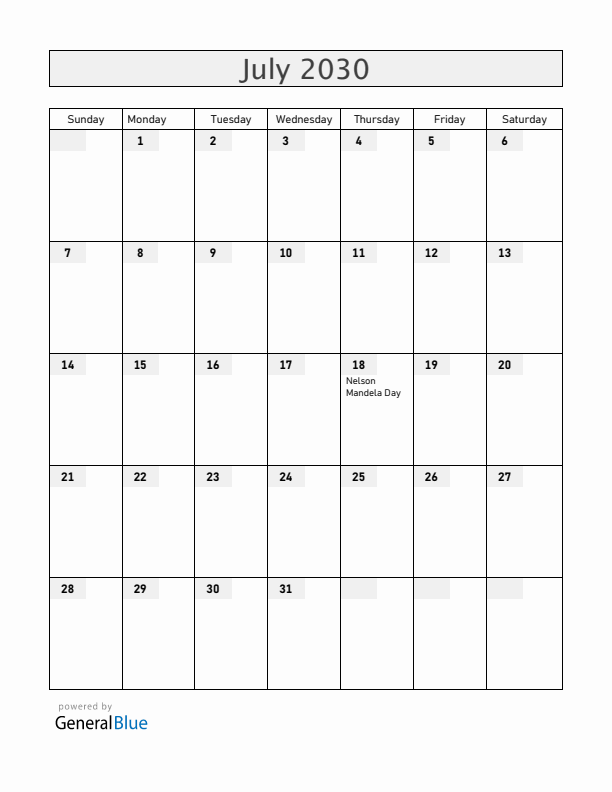 South Africa July 2030 Calendar with Holidays