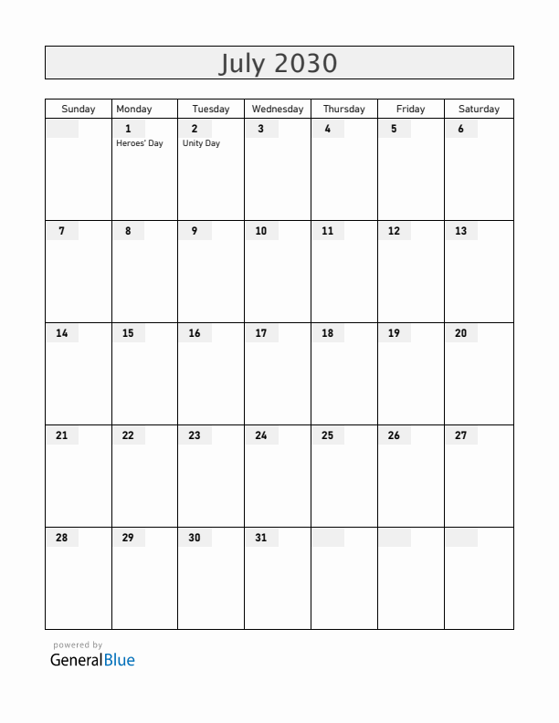 Zambia July 2030 Calendar with Holidays