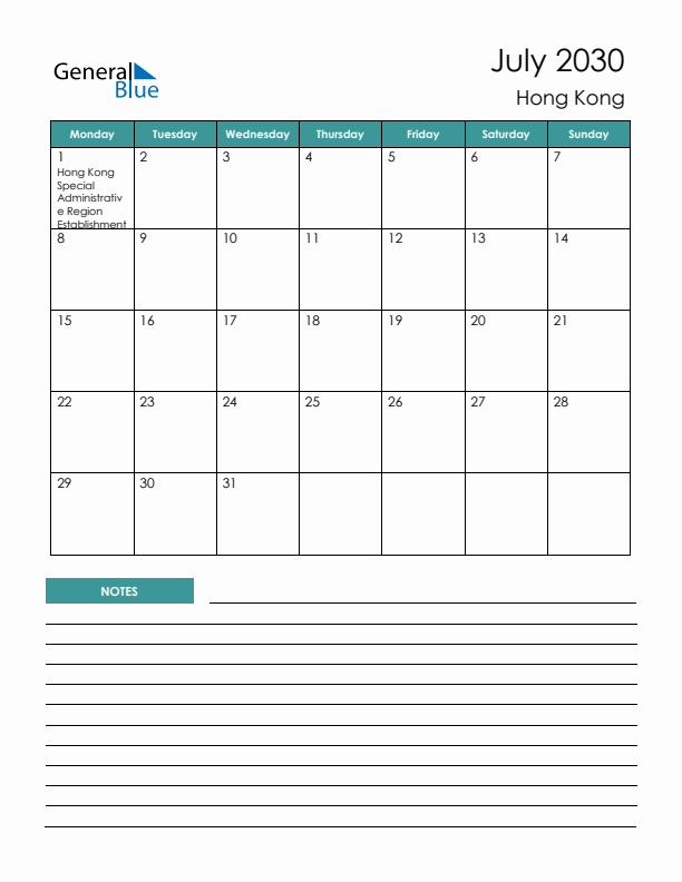 Calendar with Notes Printable - Monday Start