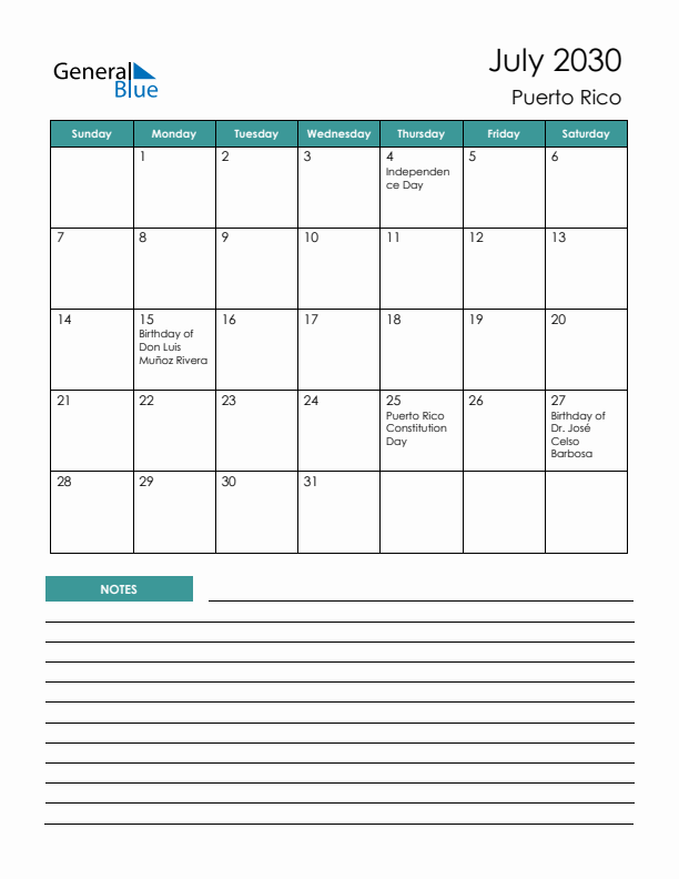 Calendar with Notes Printable - Sunday Start