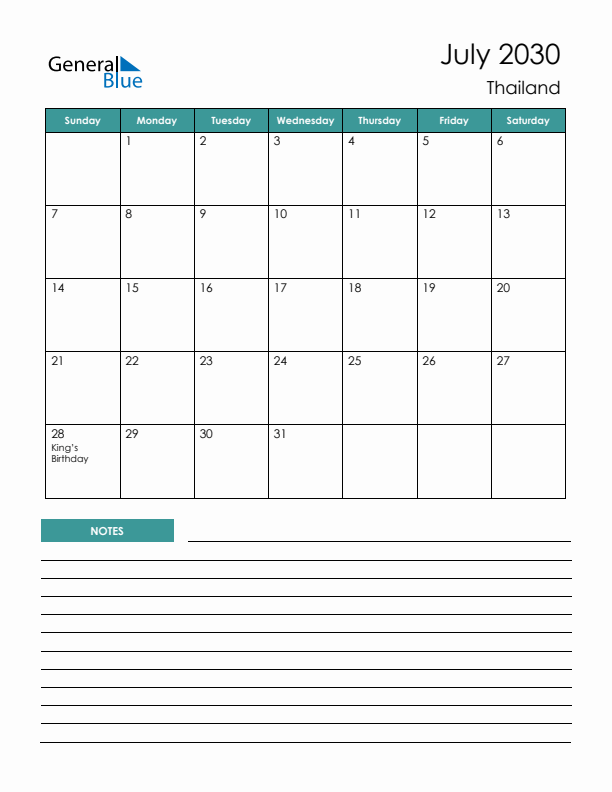 Calendar with Notes Printable - Sunday Start