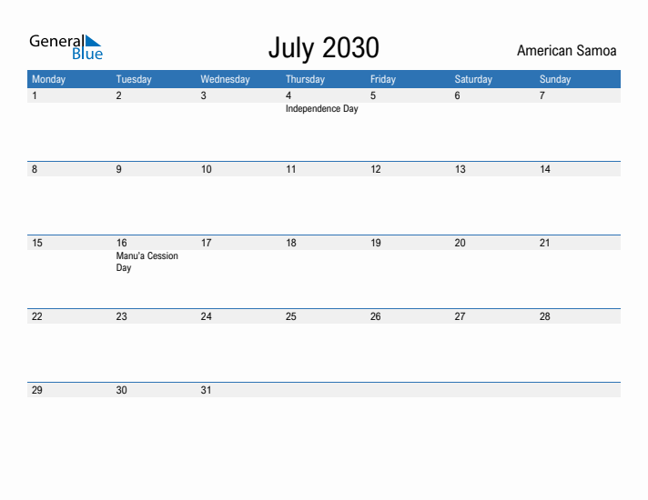 Fillable July 2030 Calendar