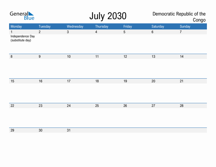Fillable July 2030 Calendar