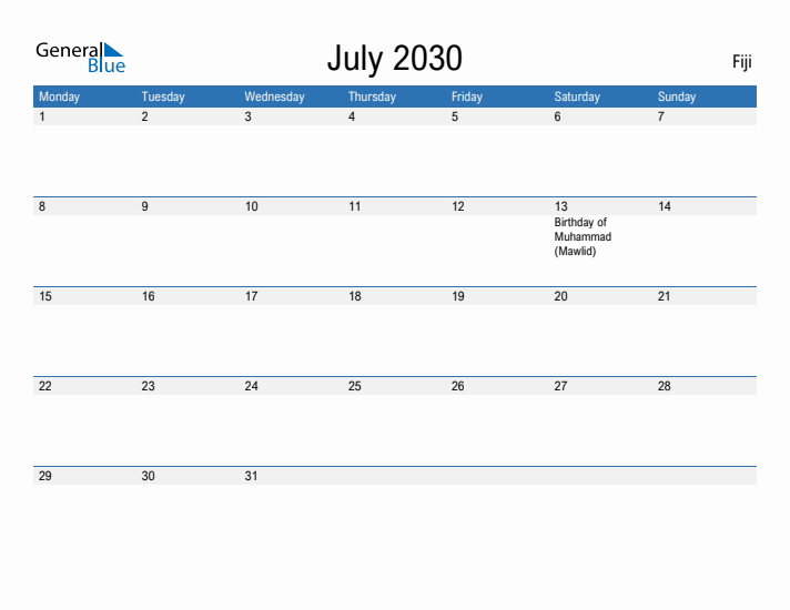 Fillable July 2030 Calendar