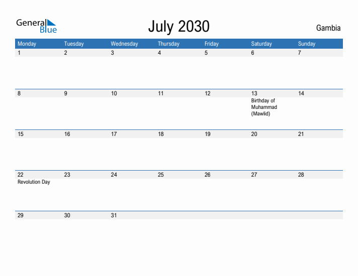 Fillable July 2030 Calendar
