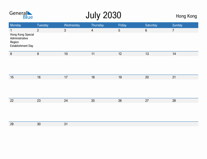 Fillable July 2030 Calendar