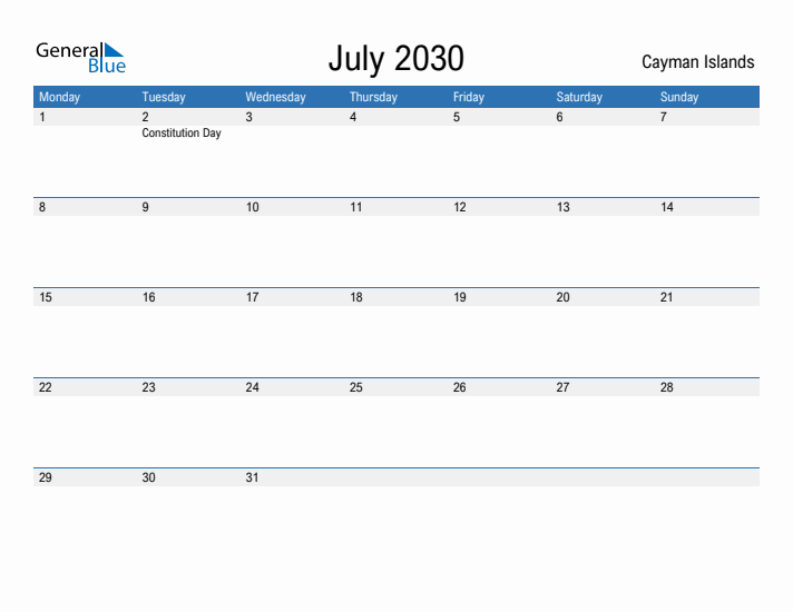 Fillable July 2030 Calendar