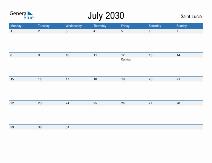 Fillable July 2030 Calendar