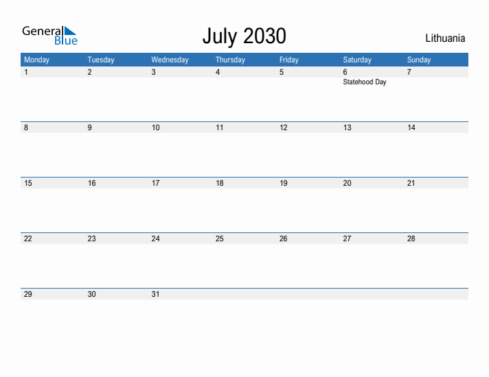 Fillable July 2030 Calendar