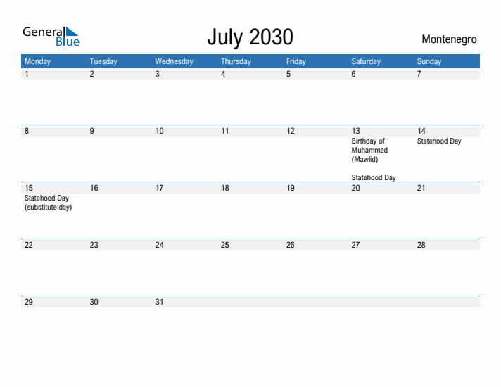 Fillable July 2030 Calendar