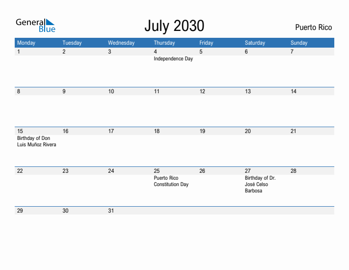 Fillable July 2030 Calendar