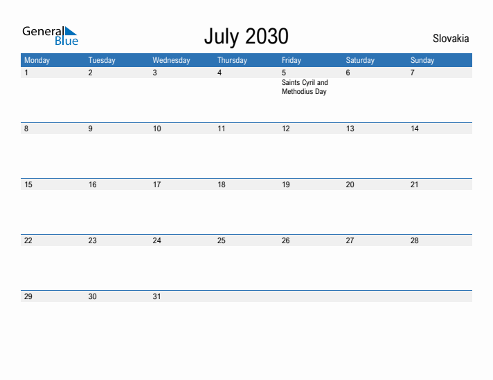 Fillable July 2030 Calendar