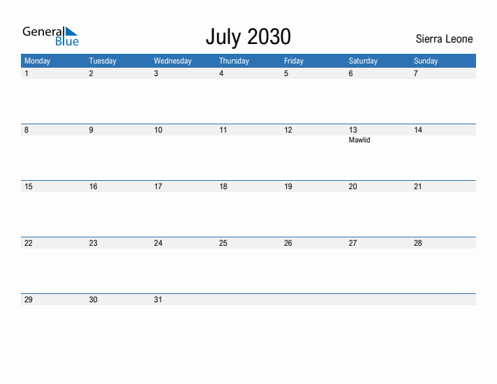 Fillable July 2030 Calendar
