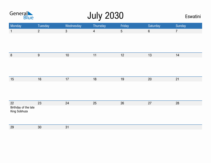 Fillable July 2030 Calendar